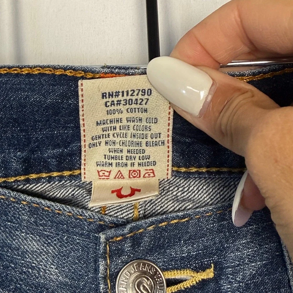 True Religion Ricky Straight Jeans Mens 34 Blue Embroidered Pocket USA Made RARE